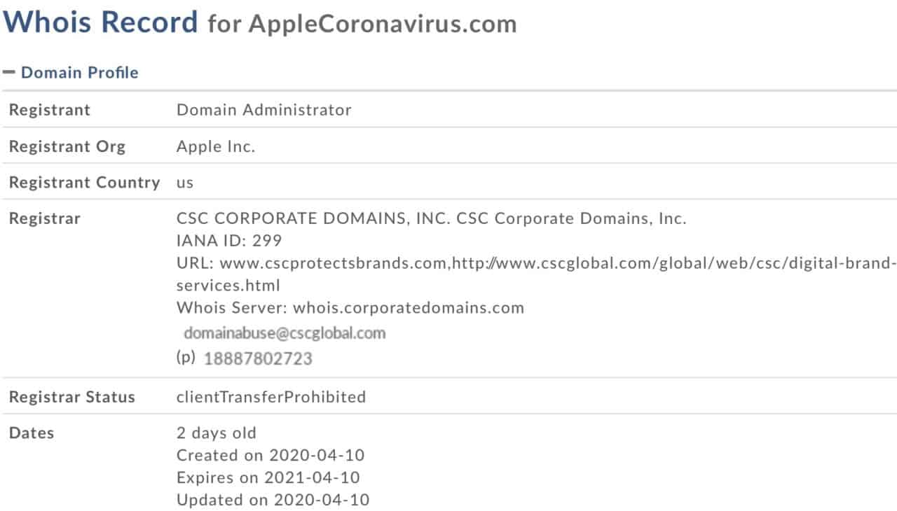 苹果公司新注册的AppleCoronavirus.com