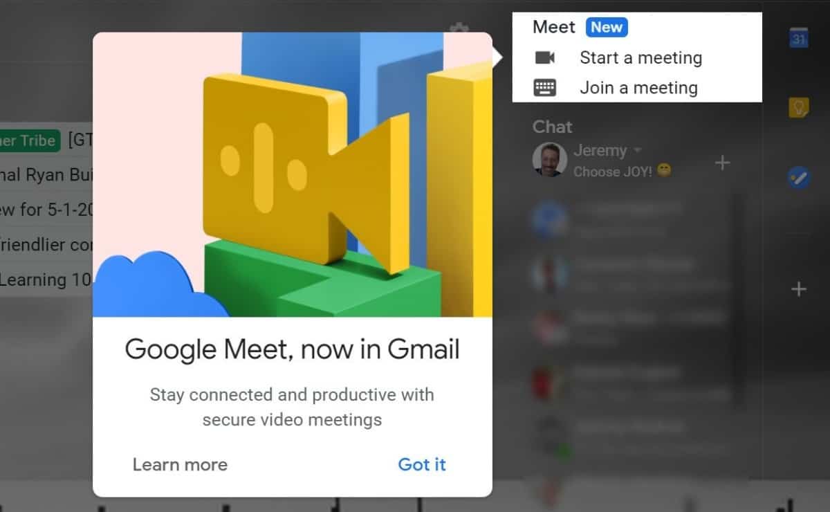 Google Meet集成到Gmail侧边栏